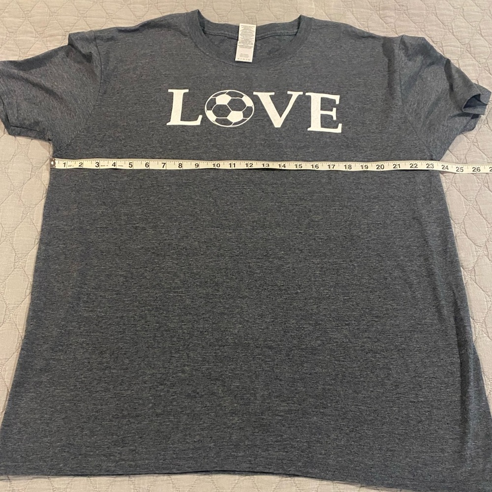 Gray soccer LOVE t shirt.